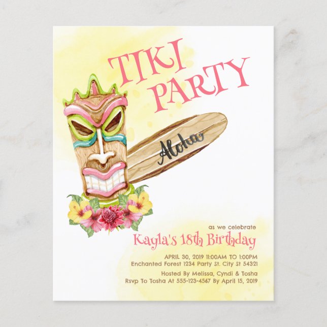 Convites de festas de Tiki Hawaiian Budget (Frente)