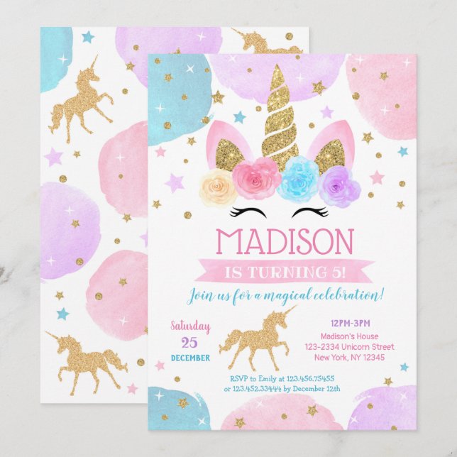 Convites de festas do primeiro aniversario Unicorn (Frente/Verso)