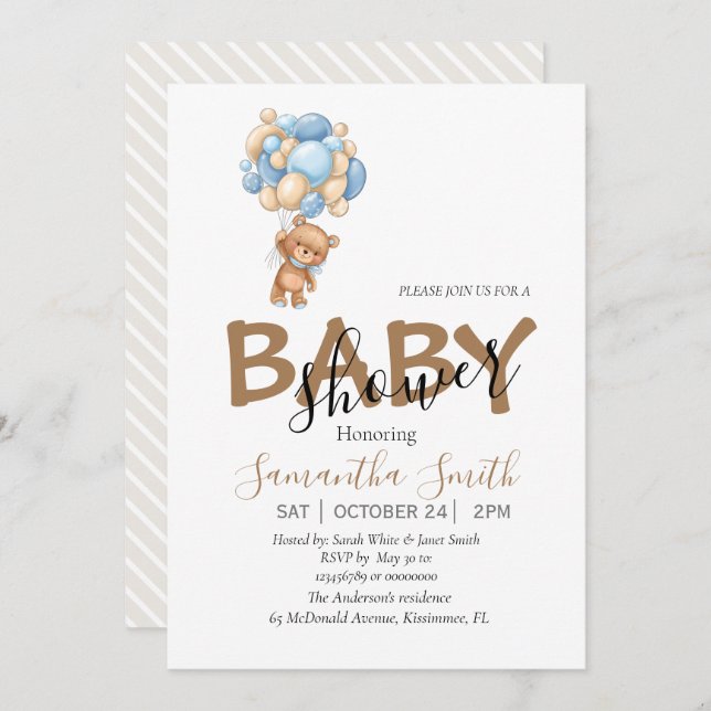 convites de festas do Ursinho chá de fraldas (Frente/Verso)