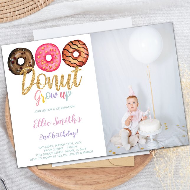 Convites de festas doces personalizáveis para cria (3 Donut Birthday Invitations with photo)