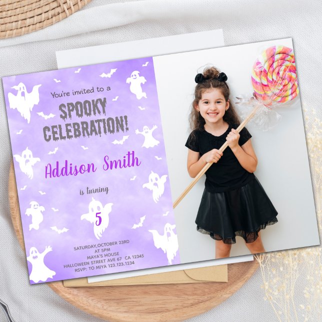 Convites de festas especiais personalizáveis para  (Purple Halloween Birthday Invitations w photo)