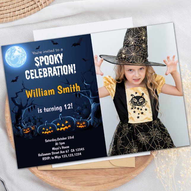 Convites de festas especiais personalizáveis para  (Pumpkins Halloween Birthday Invitations w photo)