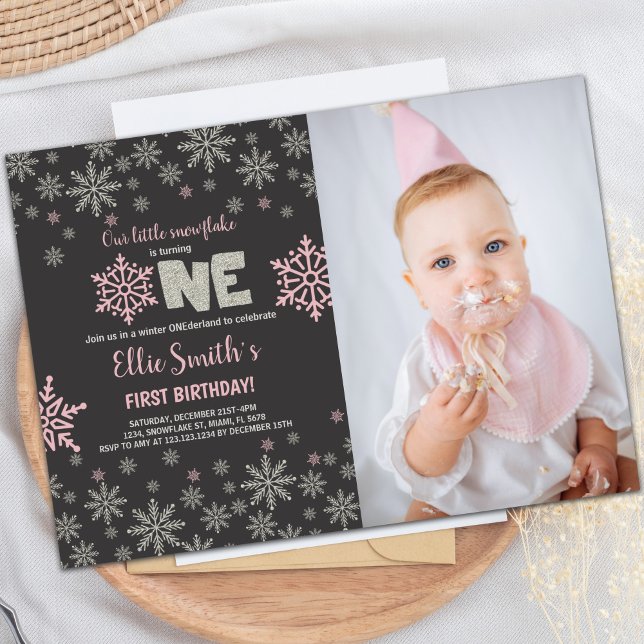 Convites de festas personalizáveis da Wonderland d (Pink Photo Glitter Onederland Birthday Invitations)
