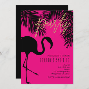 Convites de festas Pink & Black Flamingo & Palm