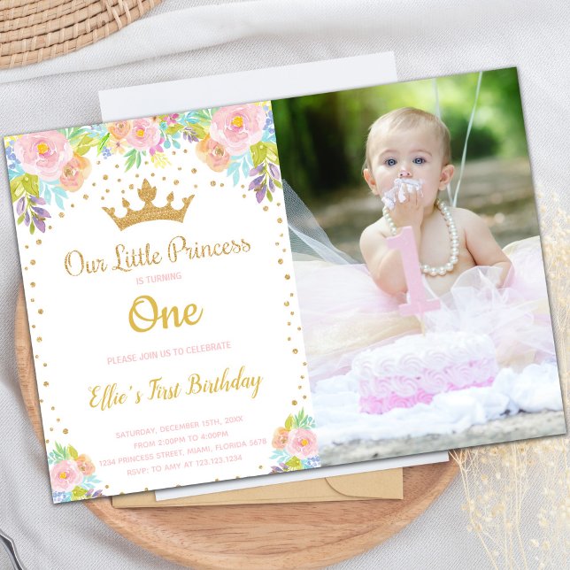Convites de festas princesas personalizáveis para  (Crown Princess Birthday Invitations with photo)