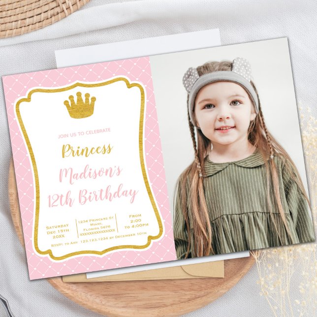 Convites de festas princesas personalizáveis para  (Pink Fram Crown Princess Cards with photo)