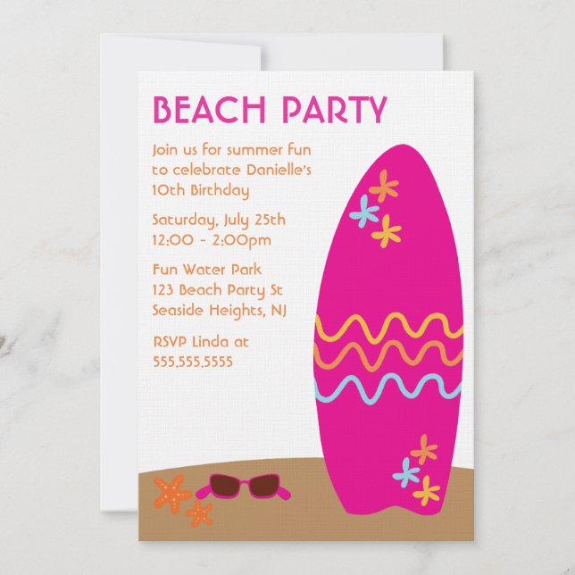 Convites de festas Surfboard Beach (Frente)