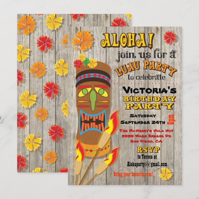 Convites de festas Tropicais de Luau Tiki (Frente/Verso)