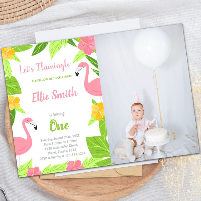 Convites de festas tropicais personalizáveis para  (Green Flamingo Birthday Invitations with photo)