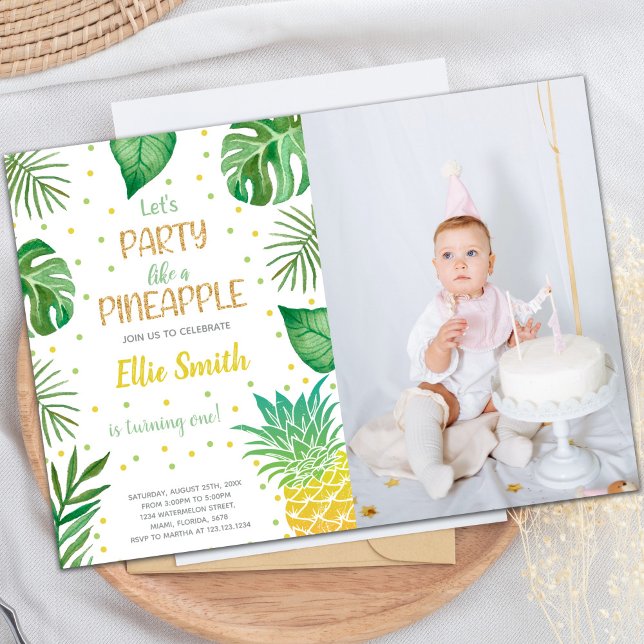 Convites de festas tropicais personalizáveis para  (Green Pineapple Invitations with photo)