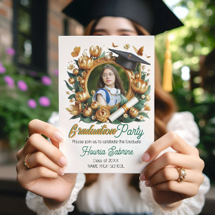 Convites de Formatura com Bordas de Tulipas Dourad