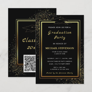 Convites de Formatura com Código QR Preto Dourado 
