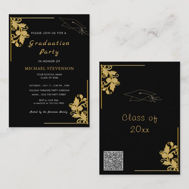 Convites de Formatura Preto Floral Dourado Exemplo (Frente/Verso)