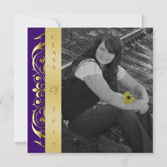 Convites de Formatura Roxo com Foto e Rolagem Dour (Frente)
