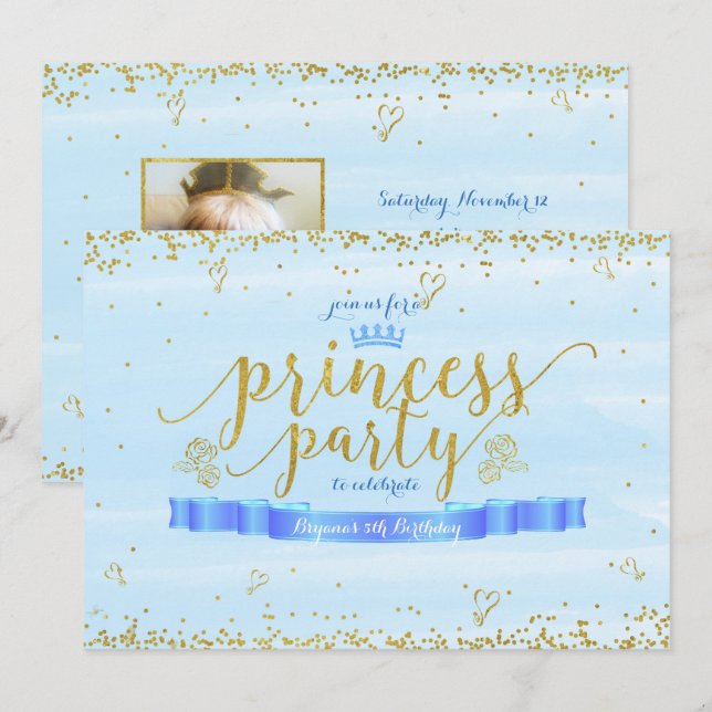 Convites de Foto com Dourado e Azul para Festa de  (Frente/Verso)