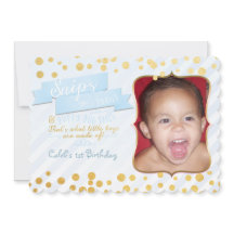 Convites de Foto de Aniversário Azul e Dourado Sni