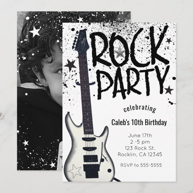 Convites de Foto de Aniversário com Guitarra para  (Frente/Verso)