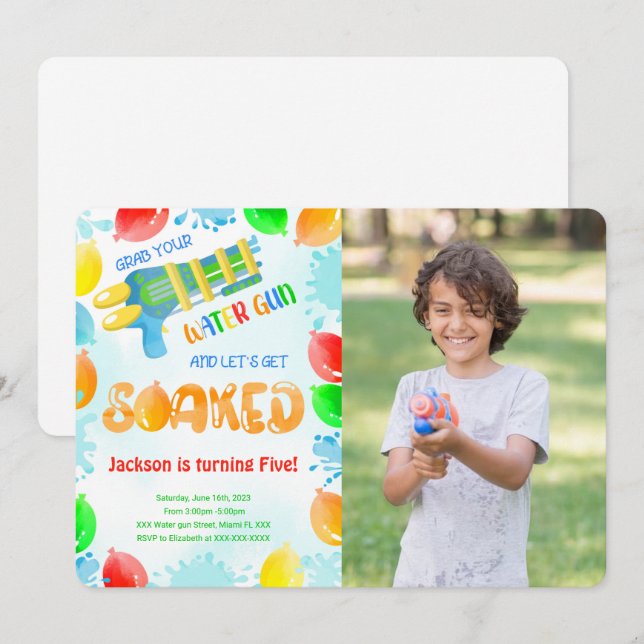 Convites de Foto de Aniversário com Pistola de Águ (Frente/Verso)