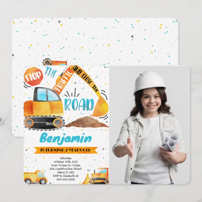 Convites de Foto de Aniversário de Construção (Frente/Verso)