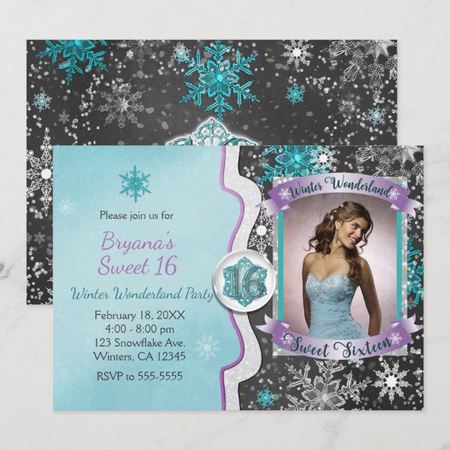Convites de Foto de Festa Sweet 16 Tema Winter Won (Frente/Verso)
