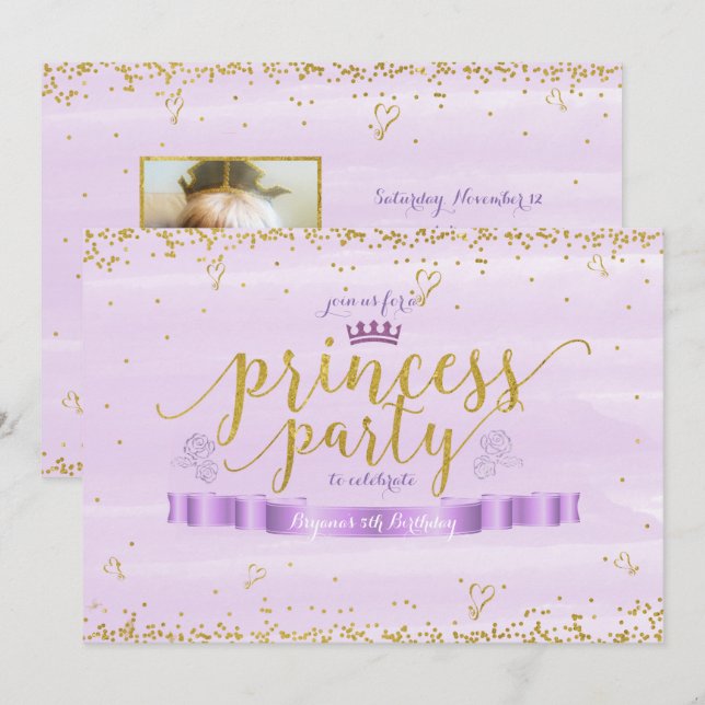 Convites de Foto Dourado e Roxo para Festa de Prin (Frente/Verso)