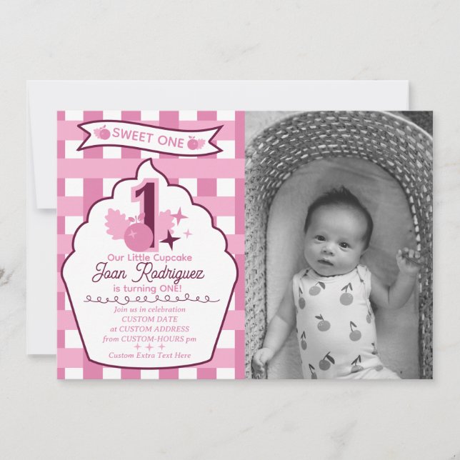 Convites de Foto Gingham para o Primeiro Aniversár (Frente)