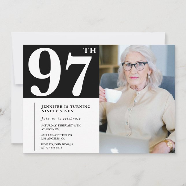 Convites de Foto Preto e Branco para 97º Aniversár (Frente)