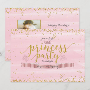 Convites de Foto Rosa e Dourado Festa de Princesa