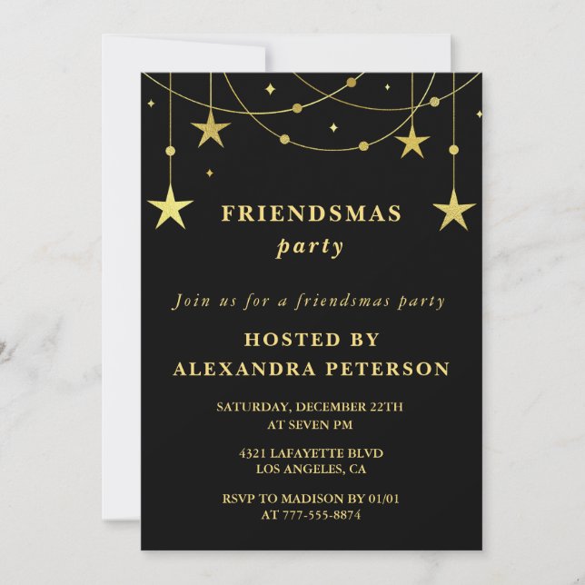 Convites de Friendsmas Preto Estrelas Douradas Fes (Frente)