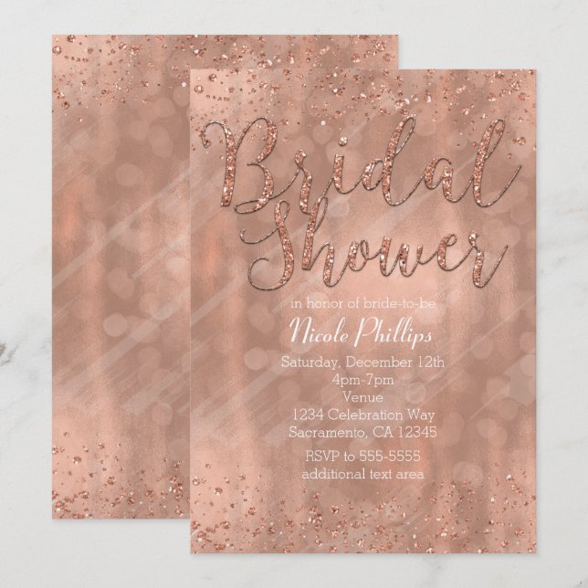 Convites de Glamour Rosa Dourado para Chá de Noiva (Frente/Verso)