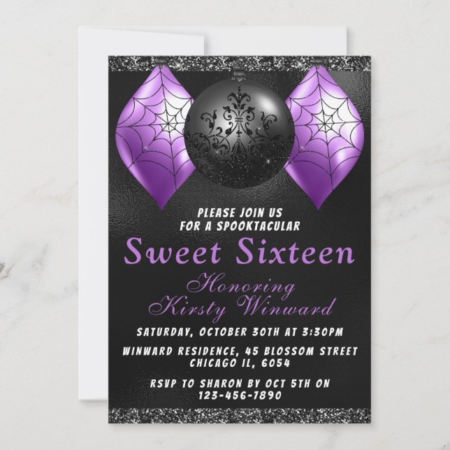 Convites de Halloween Preto Roxo Sweet 16 (Frente)