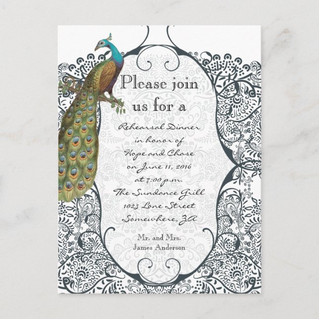 Convites de Jantar de Ensaios Damask Navy Love Bir (Frente)