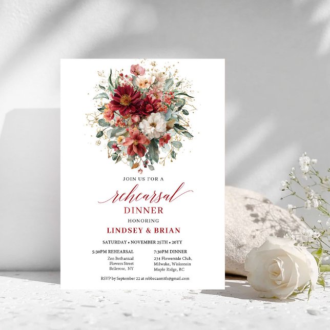 Convites de Jantar de Ensaios Florais Marrom Harmo (Harmonious Maroon Floral Rehearsal Dinner Invitation

)