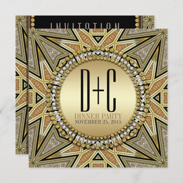 Convites de jantar glitter dourados Art Deco (Frente/Verso)
