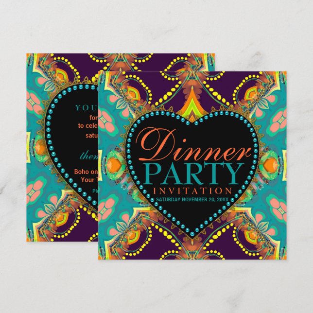 Convites de Jantar no Estilo Hippie Boêmio com Bat (Frente/Verso)