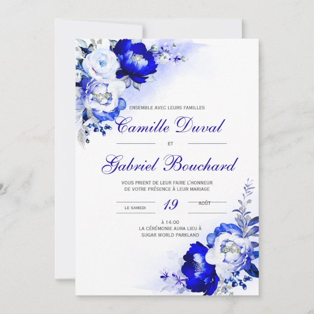 Convites De Mariage élégante avec fleurs bleurs (Frente)
