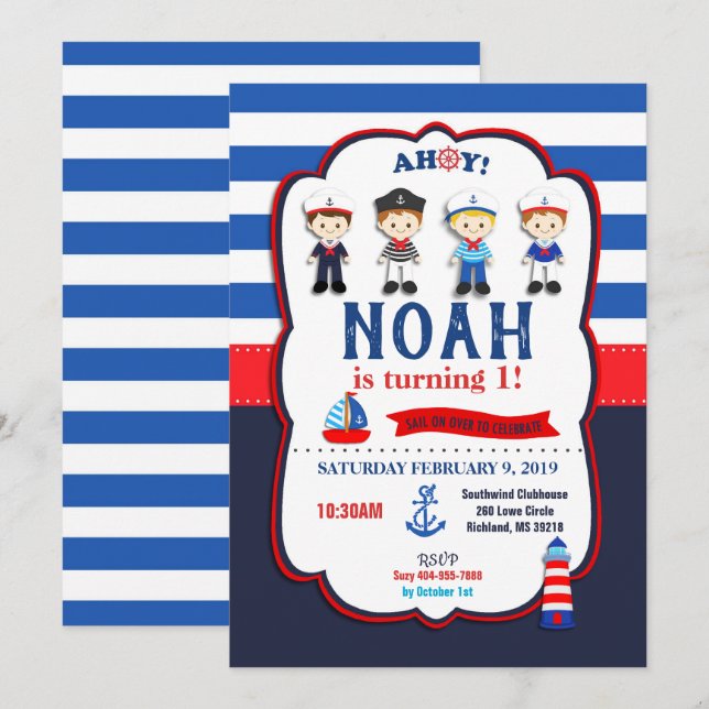 Convites de Marinheiros Náuticos para Meninos (Frente/Verso)