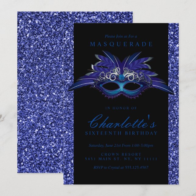 Convites de Máscara para Festa de Glitter Azul (Frente/Verso)