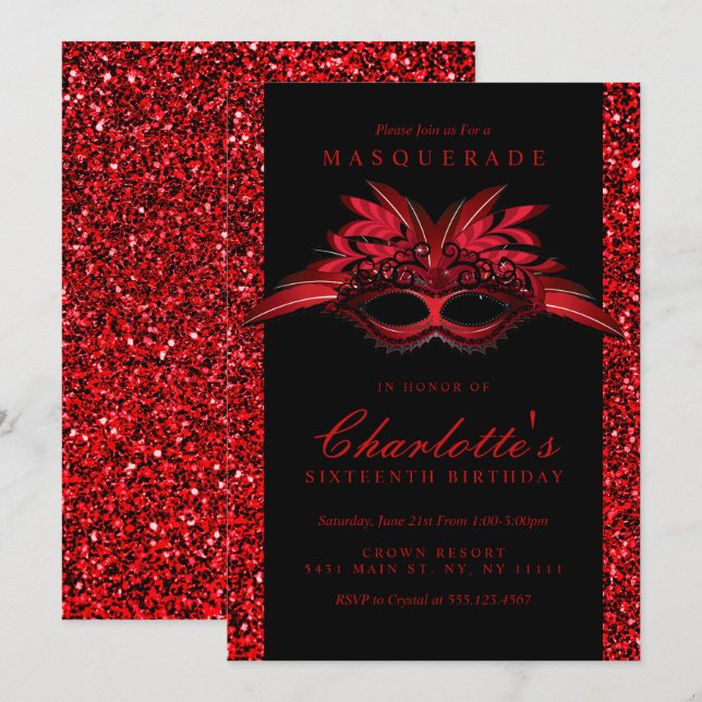 Convites de Máscara para Festa de Glitter Vermelho (Frente/Verso)