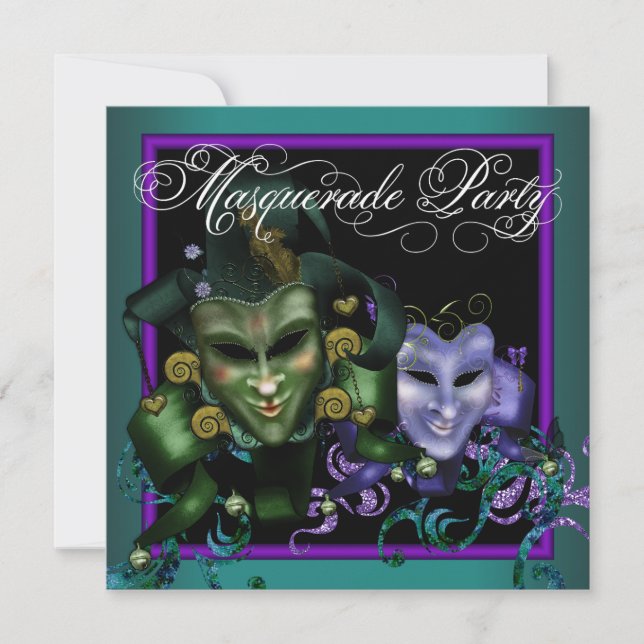 Convites de Máscara para Festa Roxo Verde-água (Frente)
