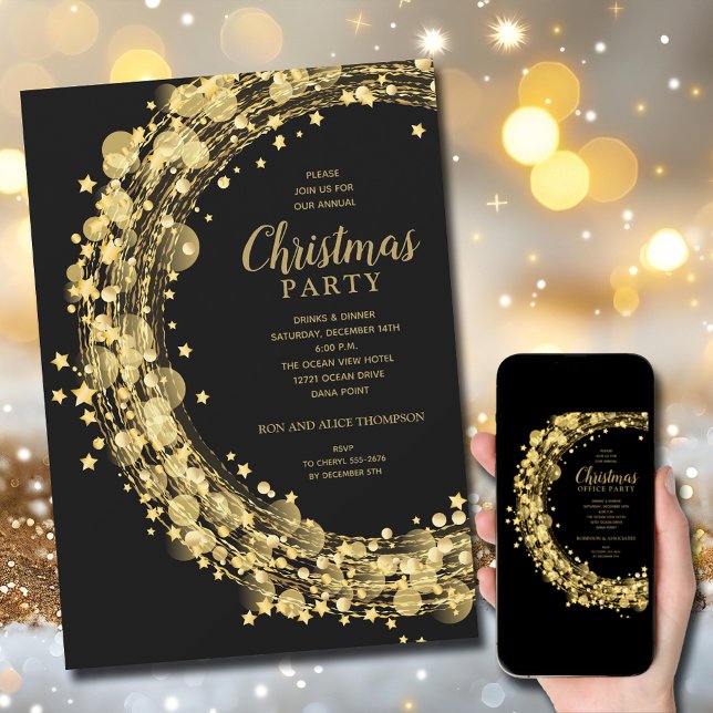 Convites de Natal com Estrelas Douradas em Círculo (Gold star wreath Christmas holiday party invitations, PRINTED and/or INSTANT DOWNLOAD)