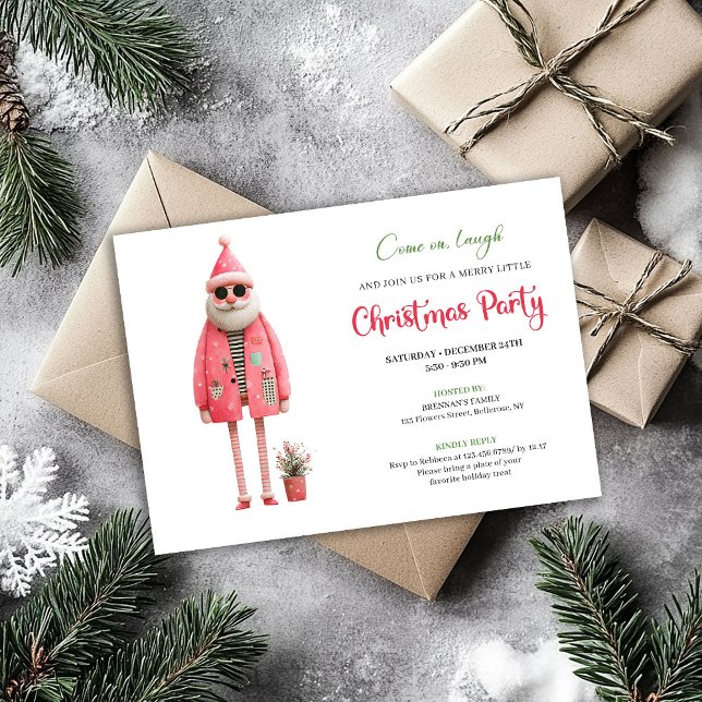 Convites de Natal impressos do Papai Noel Festivo  (Festive Quirky Santa Printable Christmas Invitation)