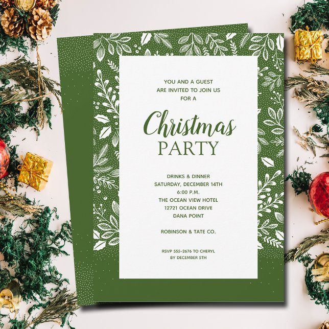 Convites de Natal para Botânicos Brancos (White botanicals border on green Christmas invitations, PRINTED and/or INSTANT DOWNLOAD)