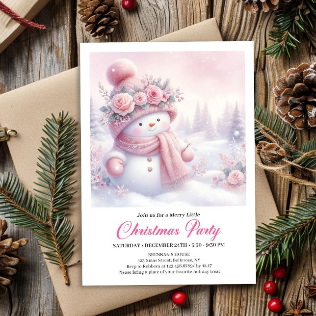 Convites de Natal para Crianças Boneco de Neve Ros (Cozy Pink Snowman Kids Download Christmas Invitation

)