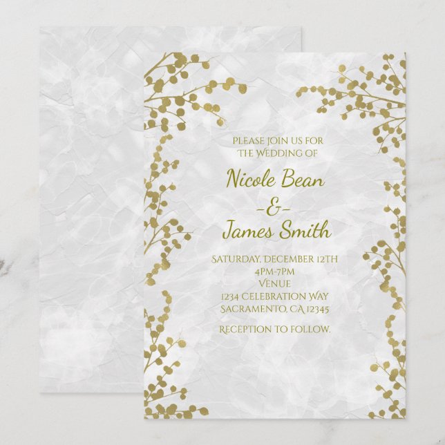 Convites de Noiva Elegantes com Flores Douradas e  (Frente/Verso)