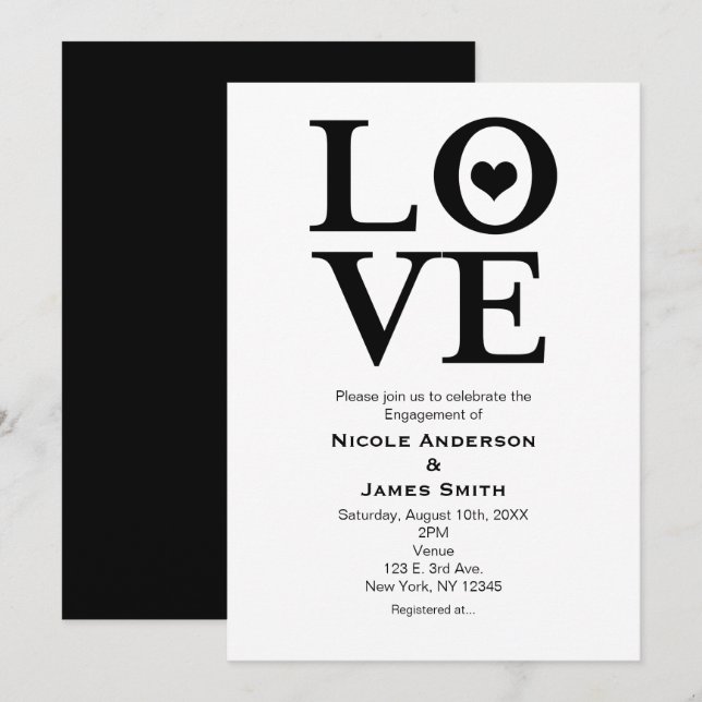 Convites de Noivado Casamento Preto e Branco LOVE (Frente/Verso)