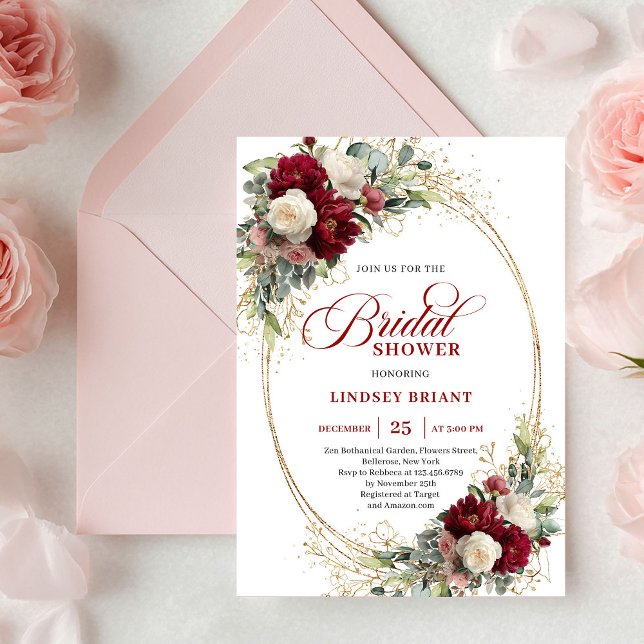 Convites de Noivado Clássicos Marsala Rosas Dourad (Classic Marsala Roses Gold Bridal Shower Invitation)