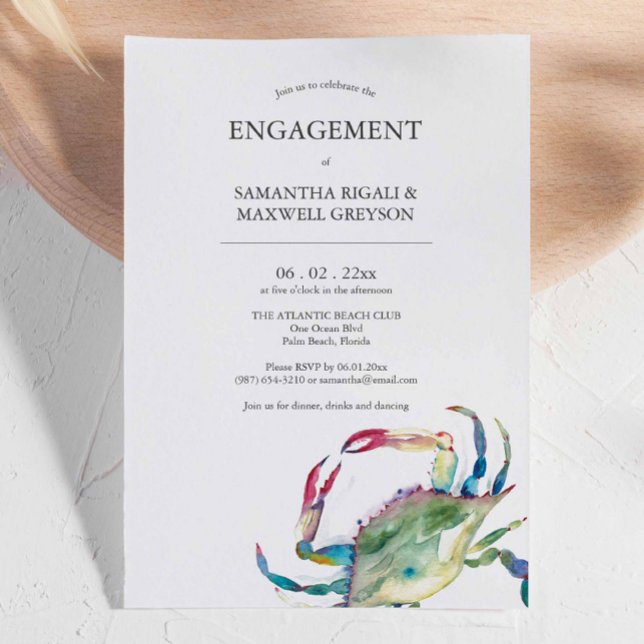Convites de Noivado de Caranguejo Náutico (Nautical crab engagement invitations features unique art and design by Victoria Grigaliunas)