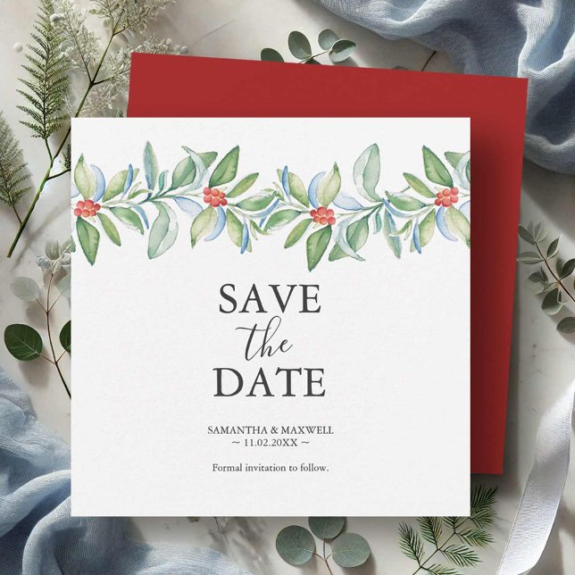 Convites de Noivado de Casamento de Natal para Sal (Christmas wedding save the date invitation card features watercolor art by Victoria Grigaliunas)