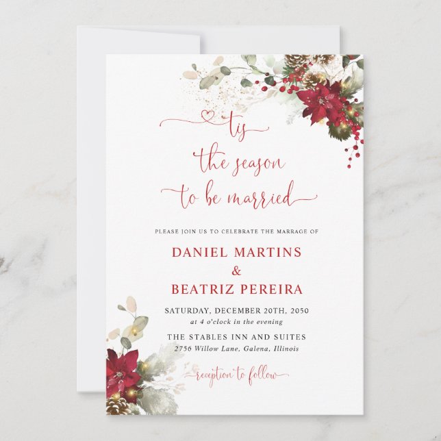 Convites de Noivado de Natal com Flores Vermelhas (Frente)